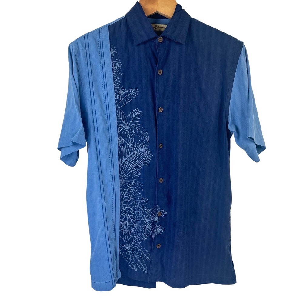 Tommy Bahama Mens S Blue Silk Floral Embroidered Colorblock Button Down Shirt